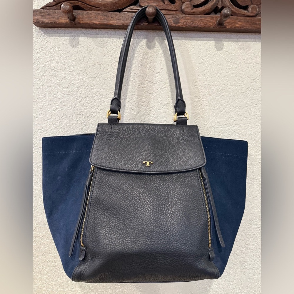 Tory Burch Half Moon Tote:  Navy Suede and Black Leather